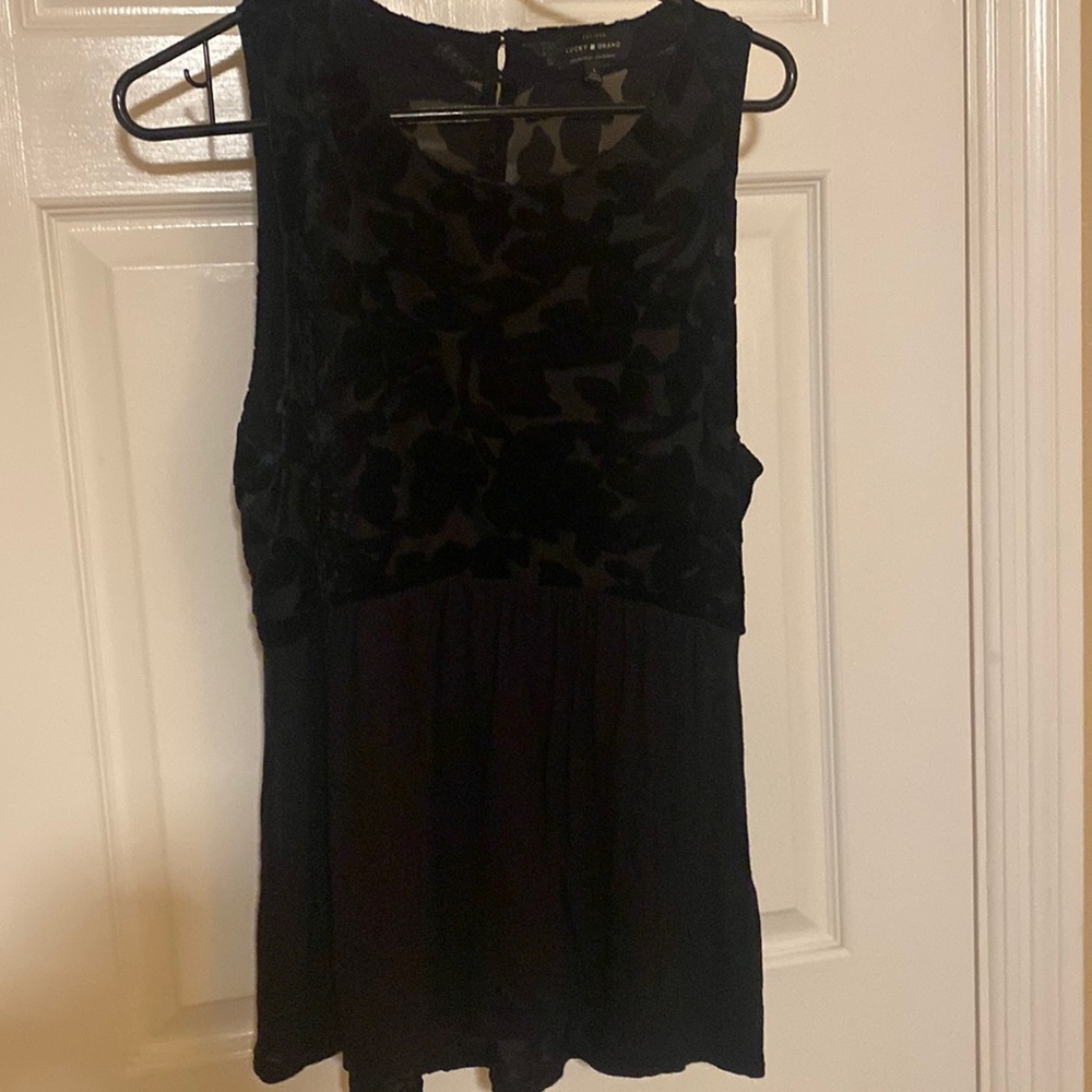 Lucky Brand. Size L. Black tank with velvet floral and beautiful back detailing